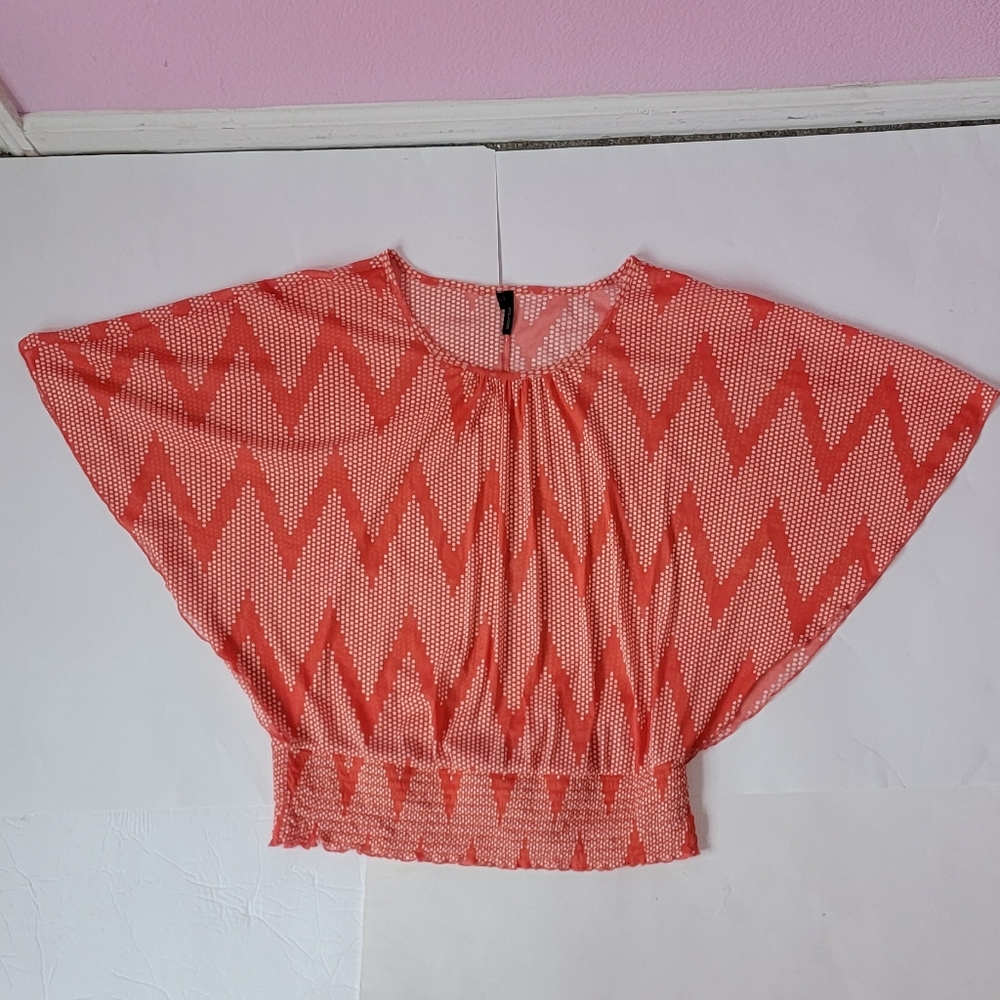 Maurices Coral Polka Dot Bat Wing Butterfly Sleeve Blouse/  L.
